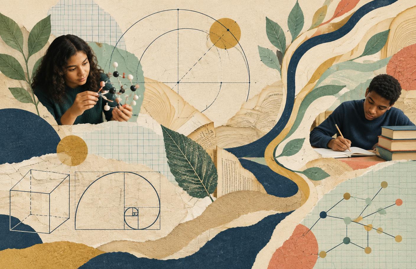 Paper collage with small photographs of teenagers studying among books, diagrams, and branching academic paths