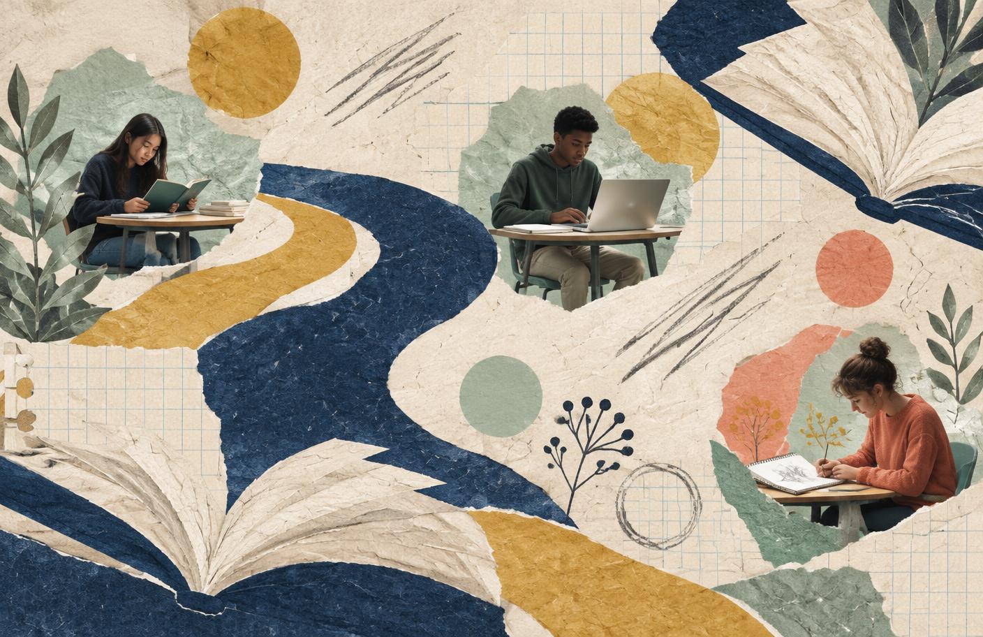 Paper collage with small photographs of three teenagers reading, using a laptop, and sketching among books and branching paths