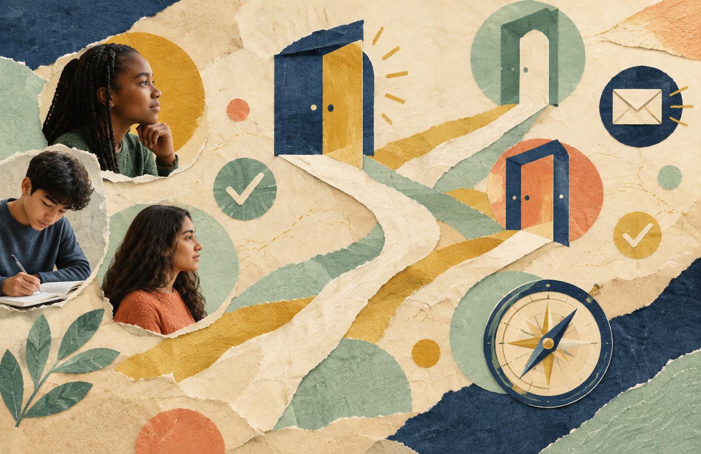 Paper collage with small photographs of teenagers among open doors, paths, an envelope, and a compass