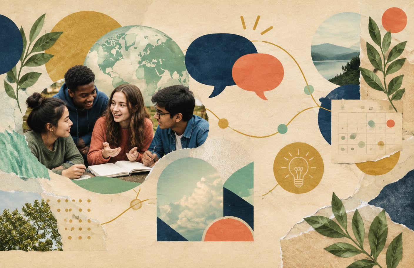 Paper collage with a small photograph of teenagers sharing ideas around a notebook among speech shapes and connecting lines