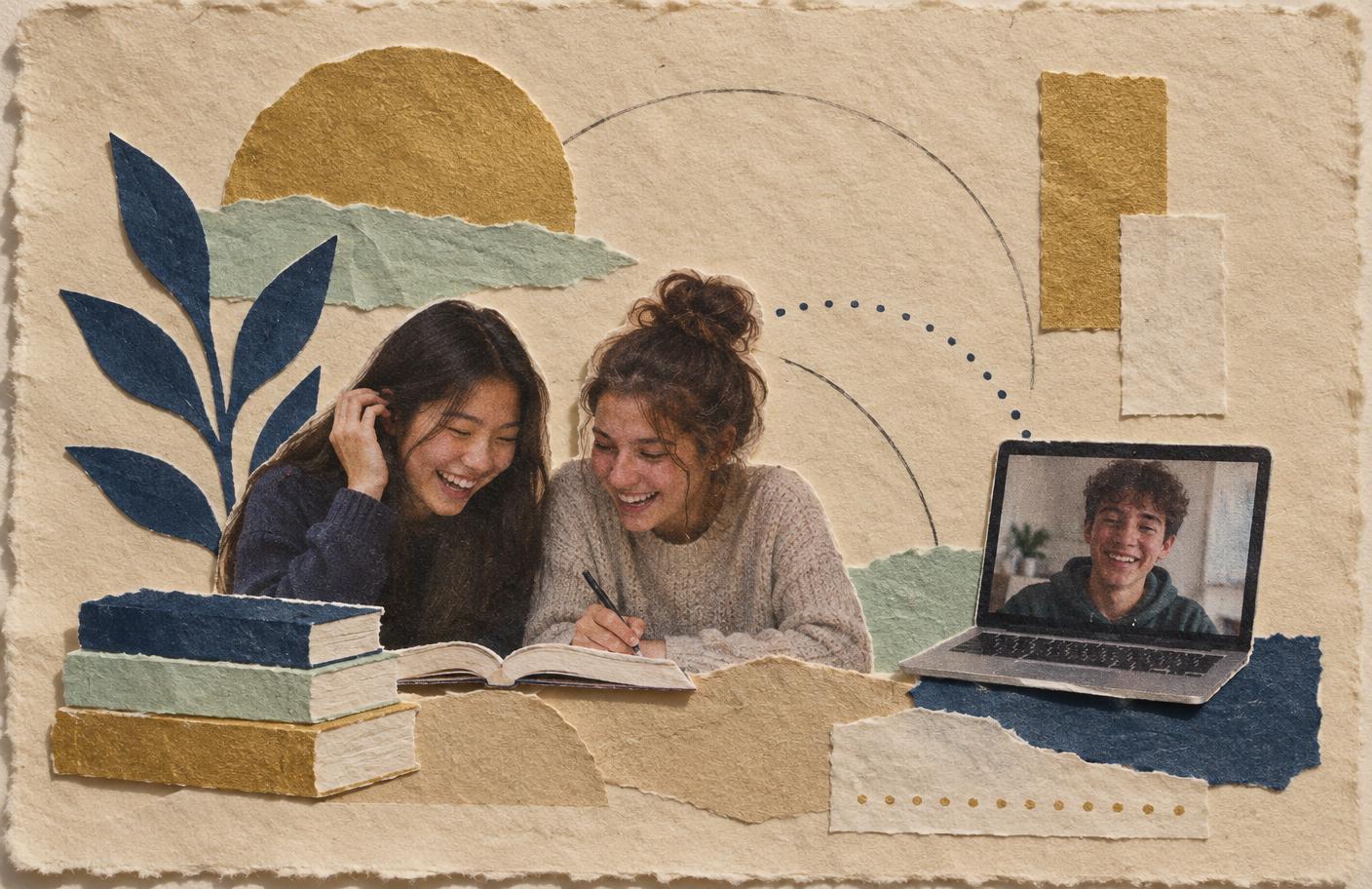 Paper collage of two students laughing and studying together over an open book, with a third student joining by laptop video call, surrounded by stacked paper books and plant shapes