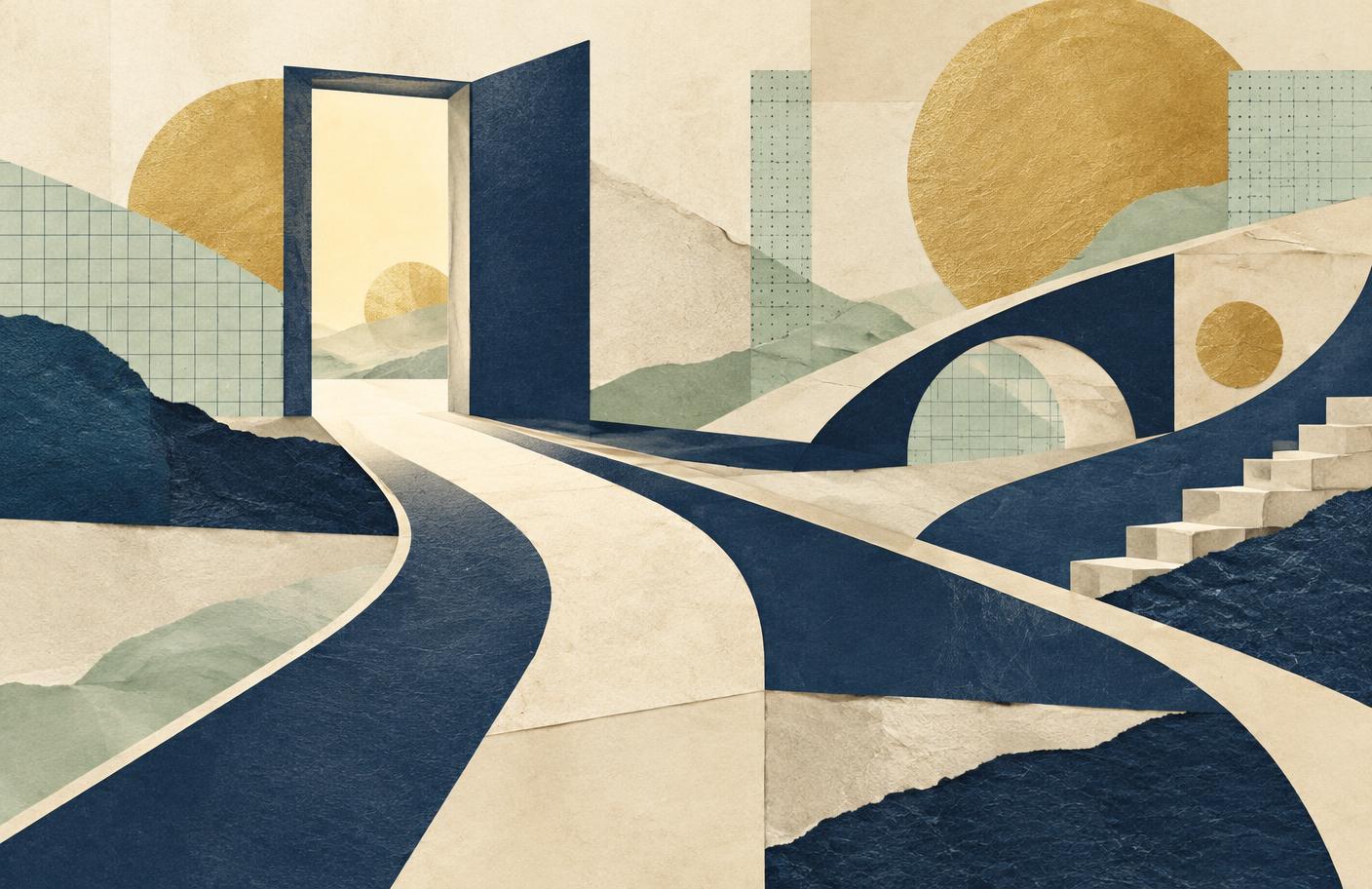 Abstract paper collage of open doors, branching paths, bridges, and steps