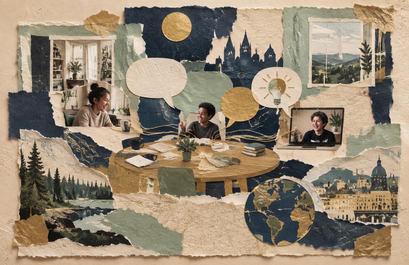 Handmade paper collage of teenagers sharing a table and video conversation across connected windows and places
