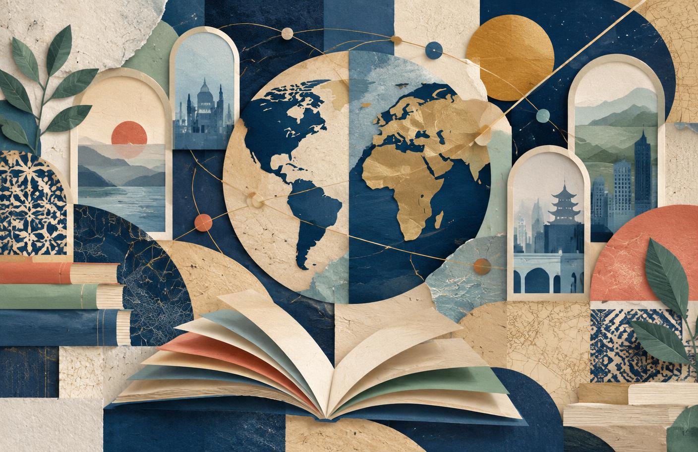 Semi-abstract paper collage of a globe, open book, connected paths, windows, and cultural patterns