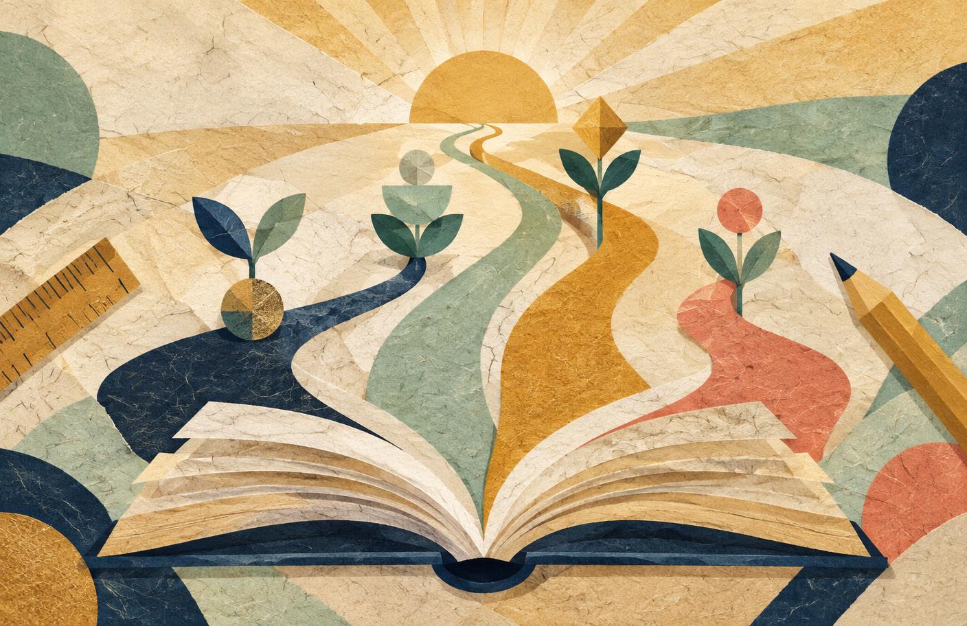 Semi-abstract paper collage of an open book, varied growing plants, and distinct paths toward a shared horizon