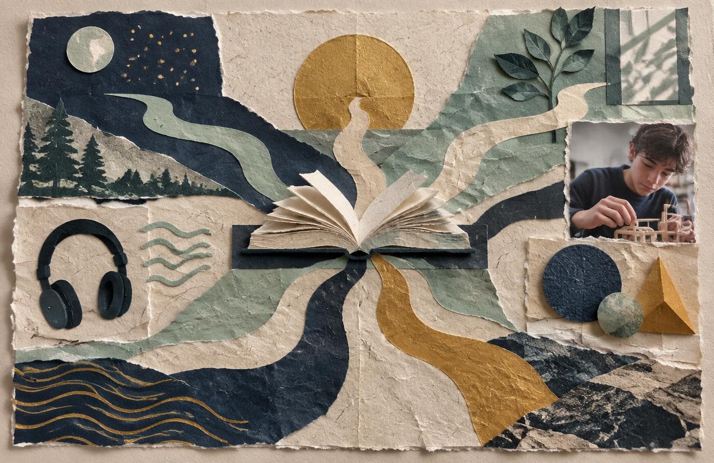 Handmade paper collage of distinct paths meeting at an open book, with tactile forms and a student building a model