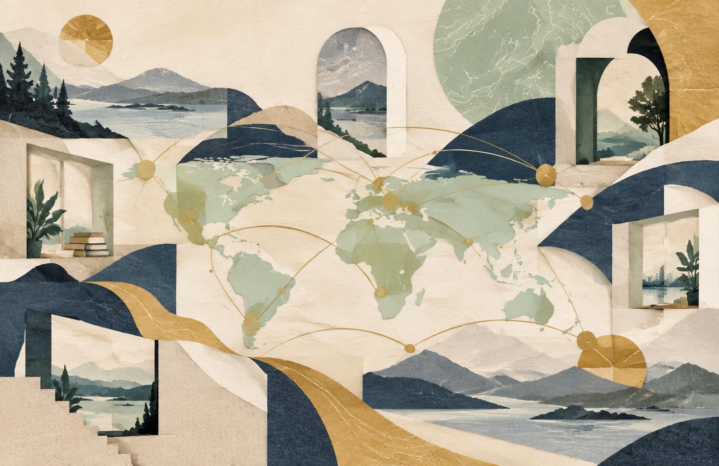 Abstract paper collage of connected places, windows, paths, and a world map