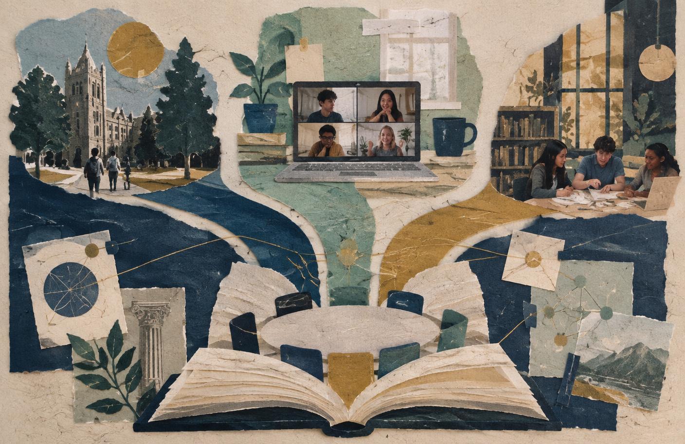 Handmade paper collage of campus, online, and shared-table routes meeting at an open book