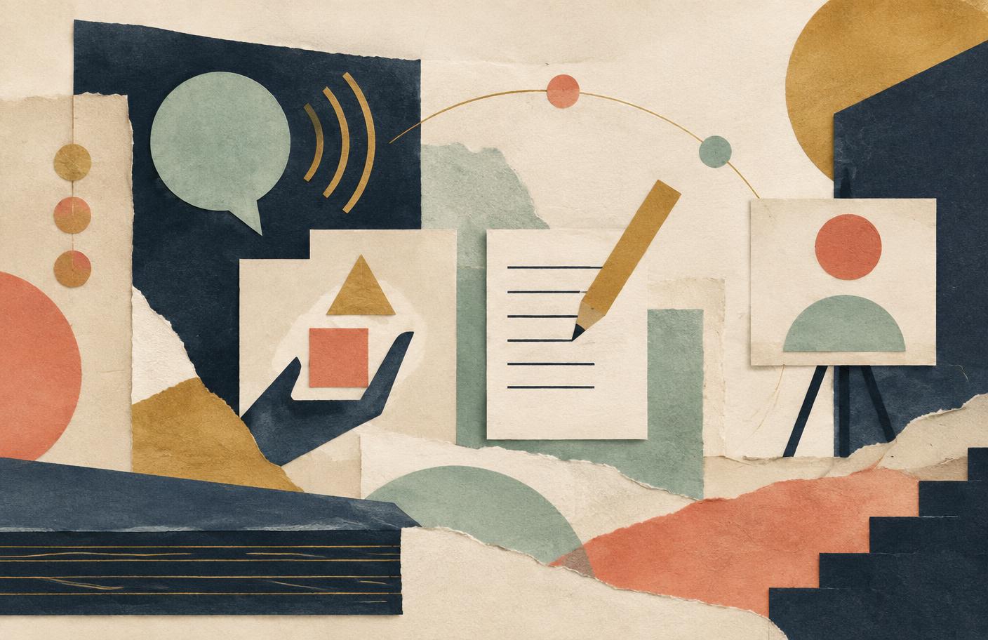 Abstract paper collage of a notebook, speech forms, shapes, and presentation panels